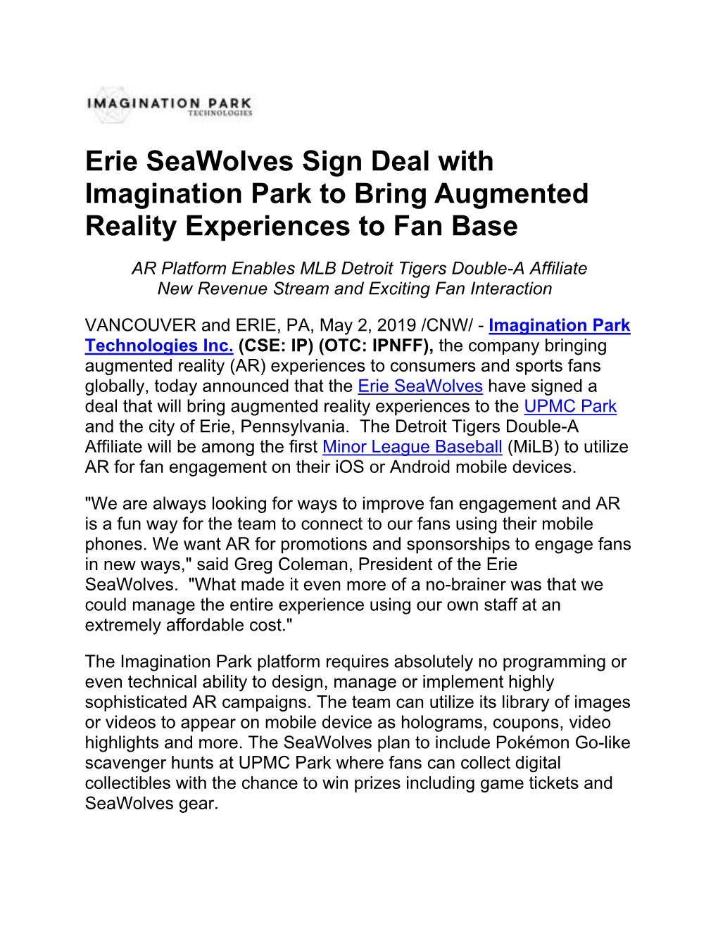 Erie Seawolves Sign Deal with Imagination Park to Bring Augmented Reality Experiences to Fan Base