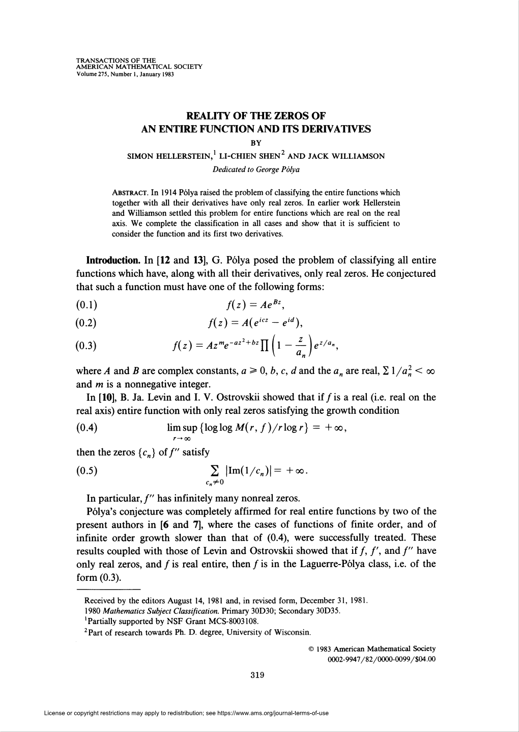 Reality of the Zeros of an Entire Function and Its