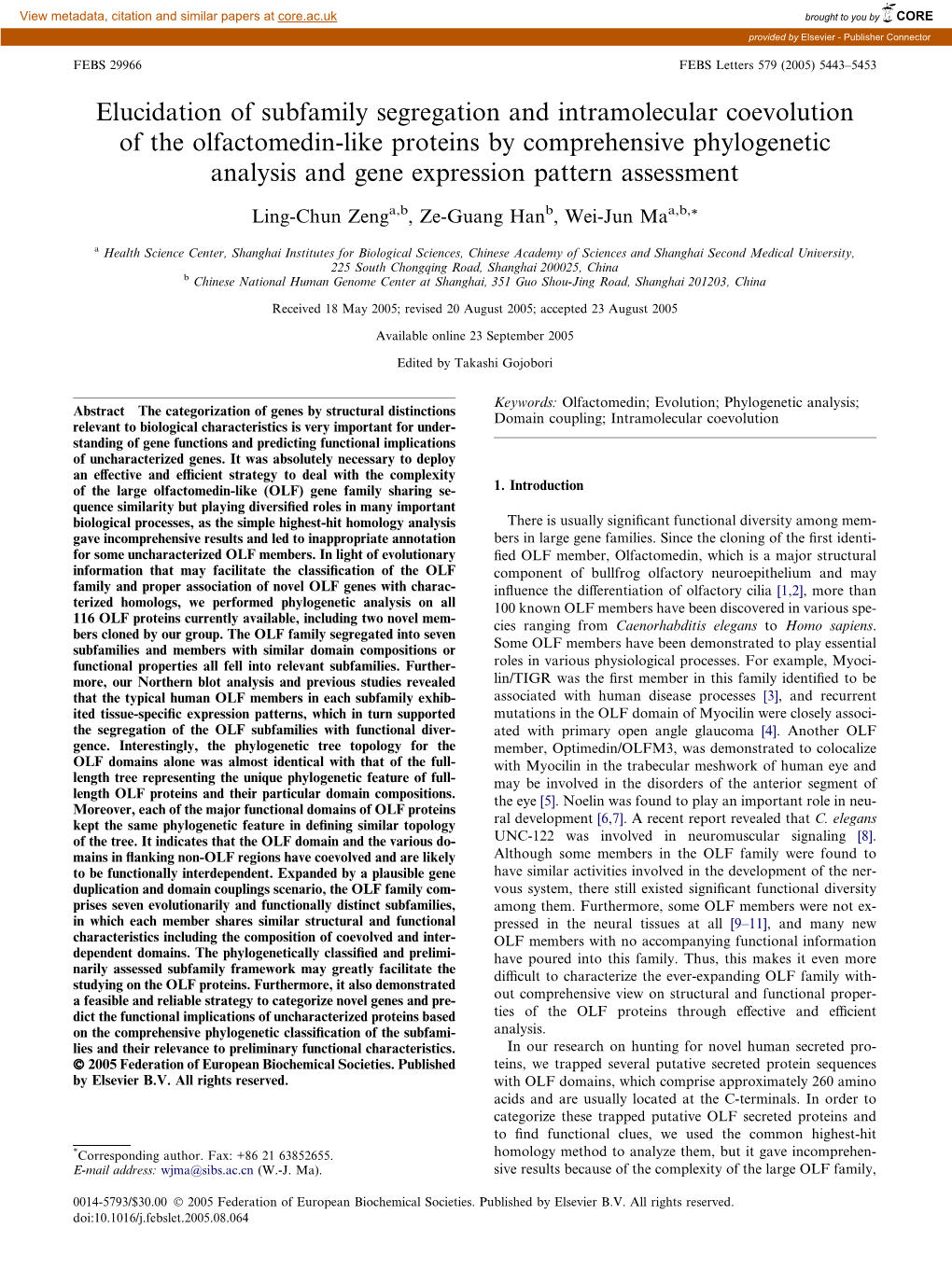 Elucidation of Subfamily Segregation and Intramolecular Coevolution of the Olfactomedin-Like Proteins by Comprehensive Phylogene