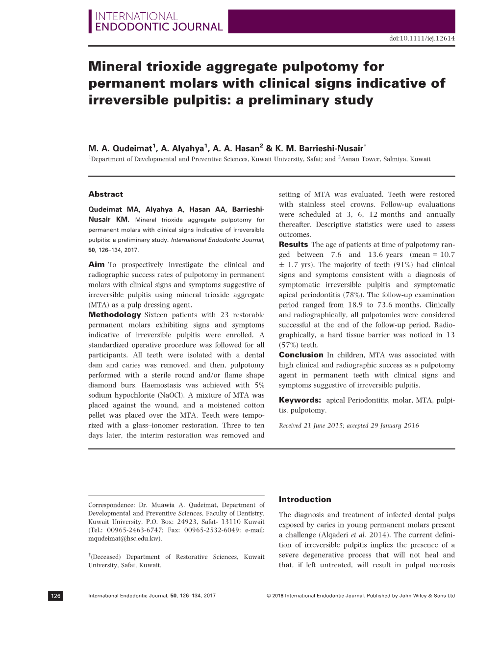 Mineral Trioxide Aggregate Pulpotomy for Permanent Molars with Clinical Signs Indicative of Irreversible Pulpitis: a Preliminary Study