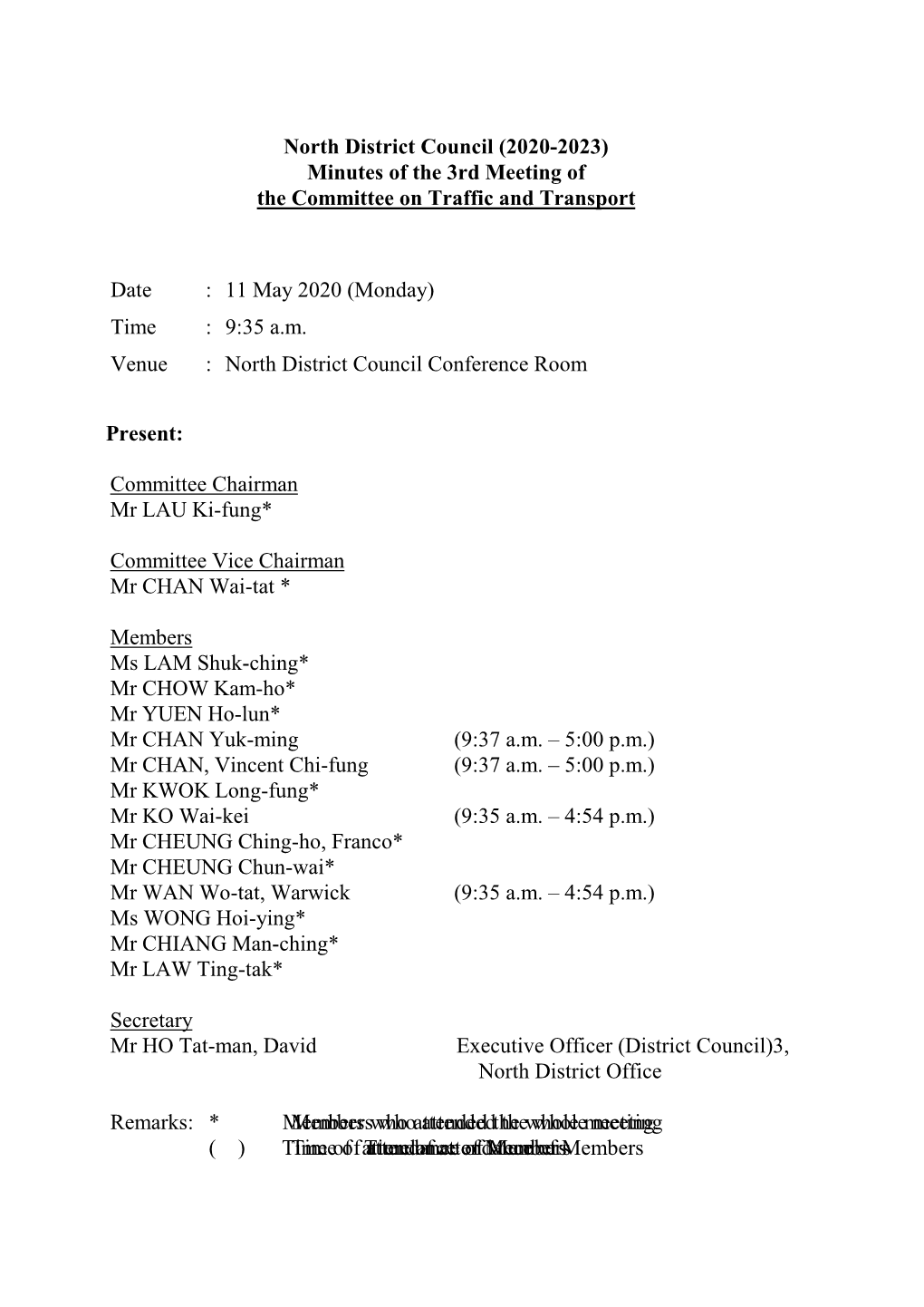 Minutes of the 3Rd Meeting of the Committee on Traffic and Transport