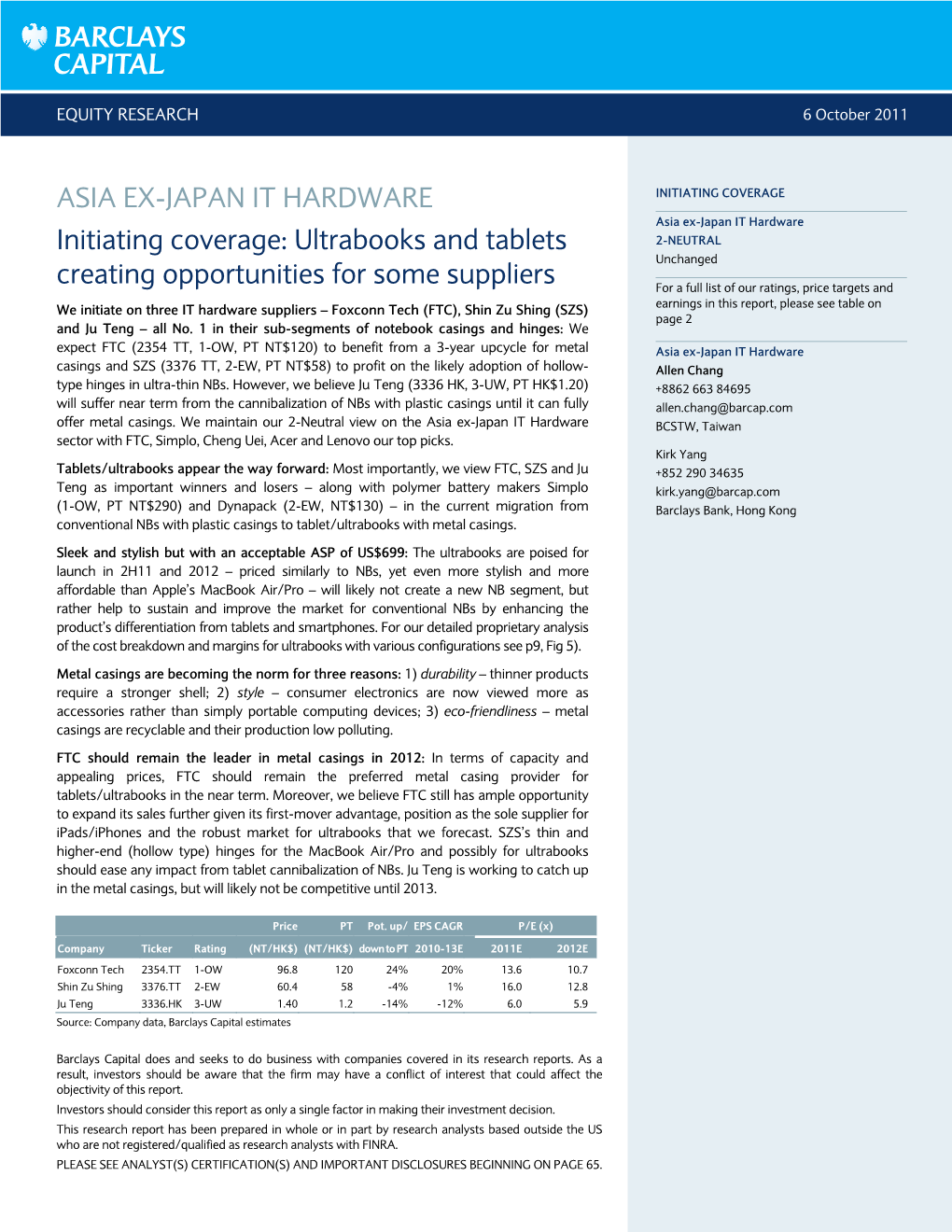 ASIA EX-JAPAN IT HARDWARE Initiating Coverage: Ultrabooks And