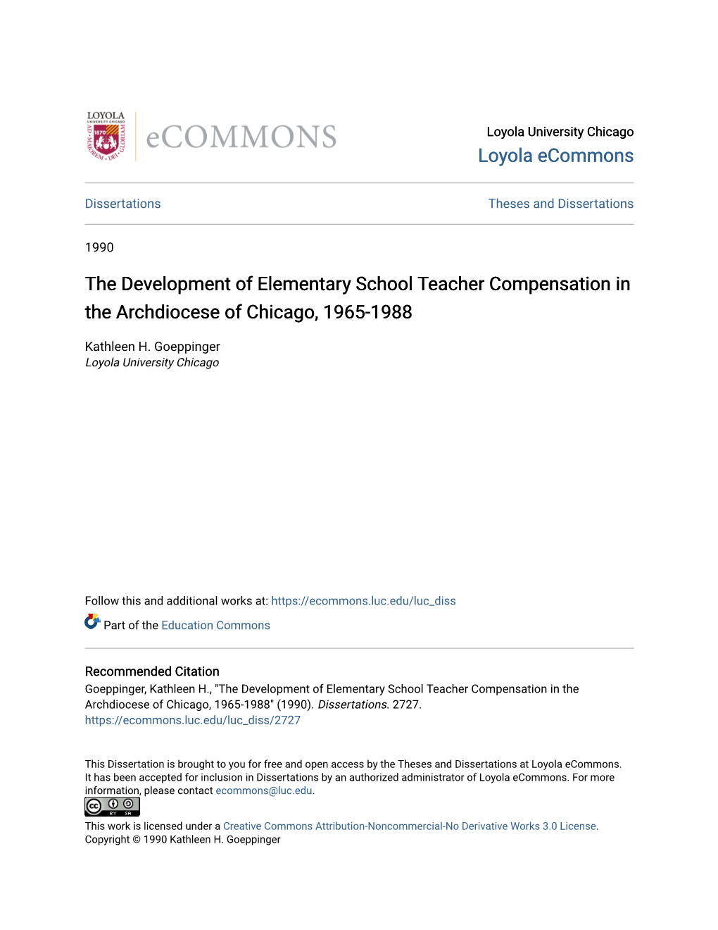 The Development of Elementary School Teacher Compensation in the Archdiocese of Chicago, 1965-1988