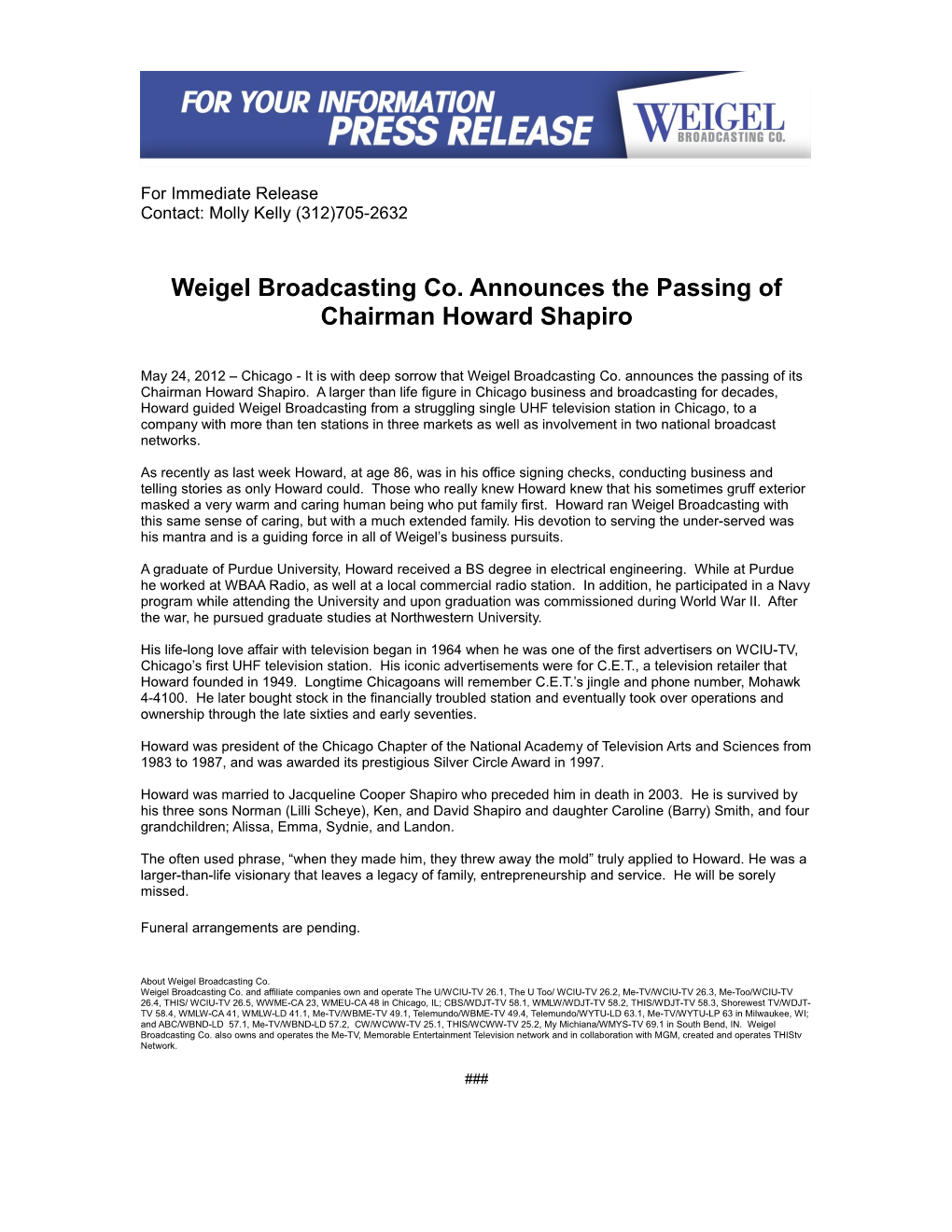 Weigel Broadcasting Co. Announces the Passing of Chairman Howard Shapiro