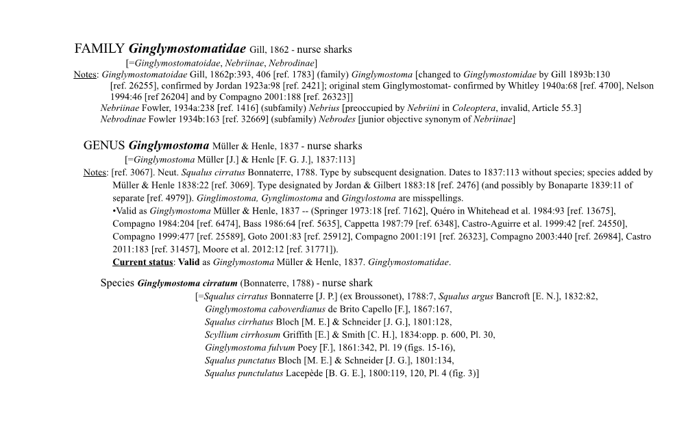 Ginglymostomatidae Gill, 1862 - Nurse Sharks [=Ginglymostomatoidae, Nebriinae, Nebrodinae] Notes: Ginglymostomatoidae Gill, 1862P:393, 406 [Ref