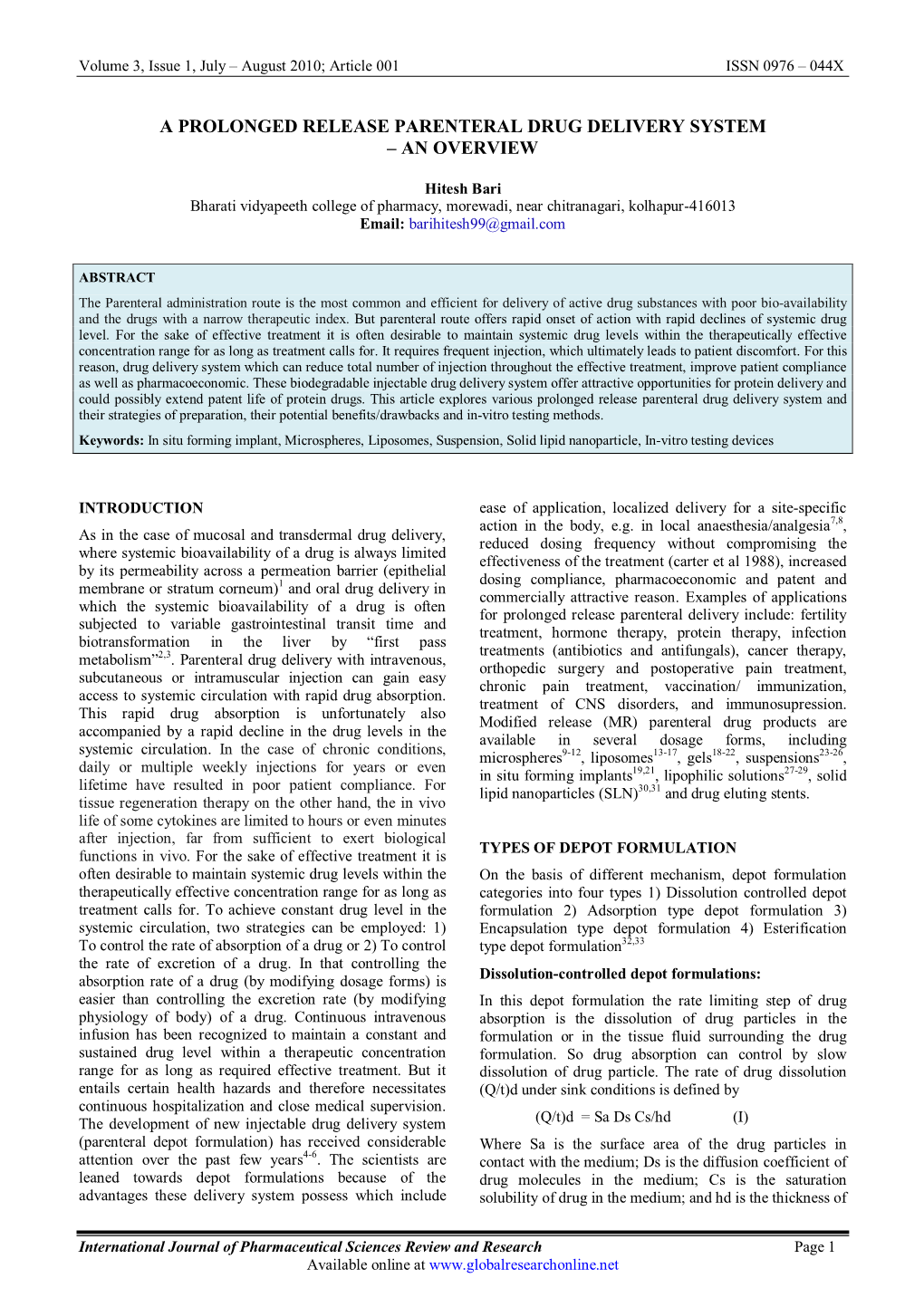 A Prolonged Release Parenteral Drug Delivery System – an Overview