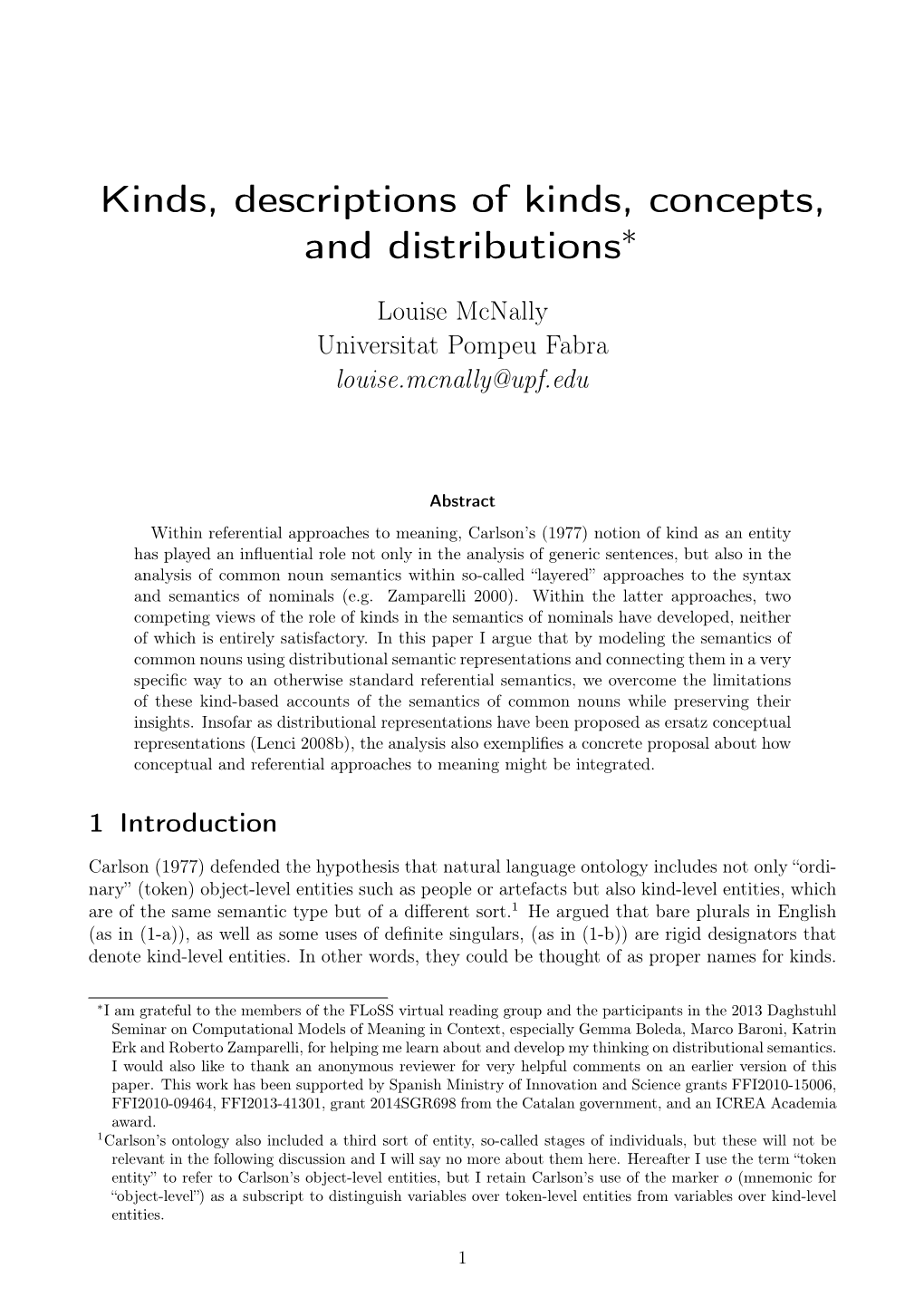 Kinds, Descriptions of Kinds, Concepts, and Distributions∗