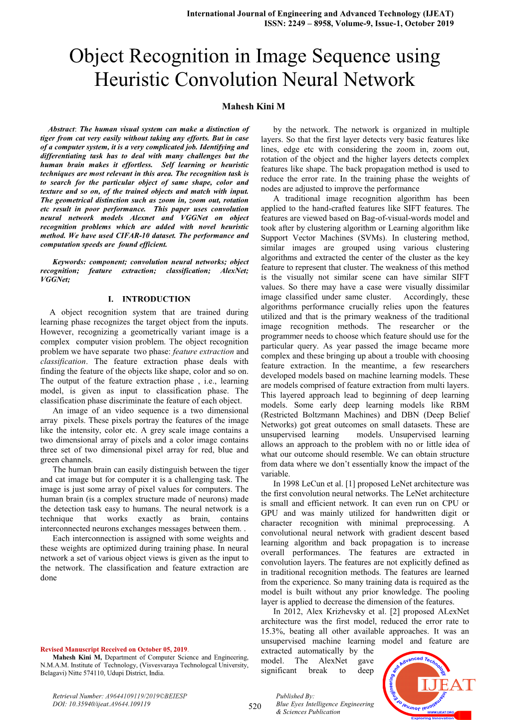 Object Recognition in Image Sequence Using Heuristic Convolution Neural Network