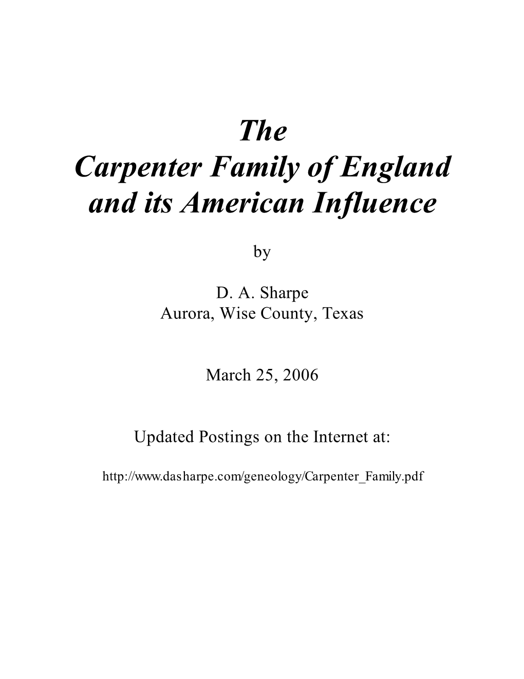 The Carpenter Family of England and Its American Influence