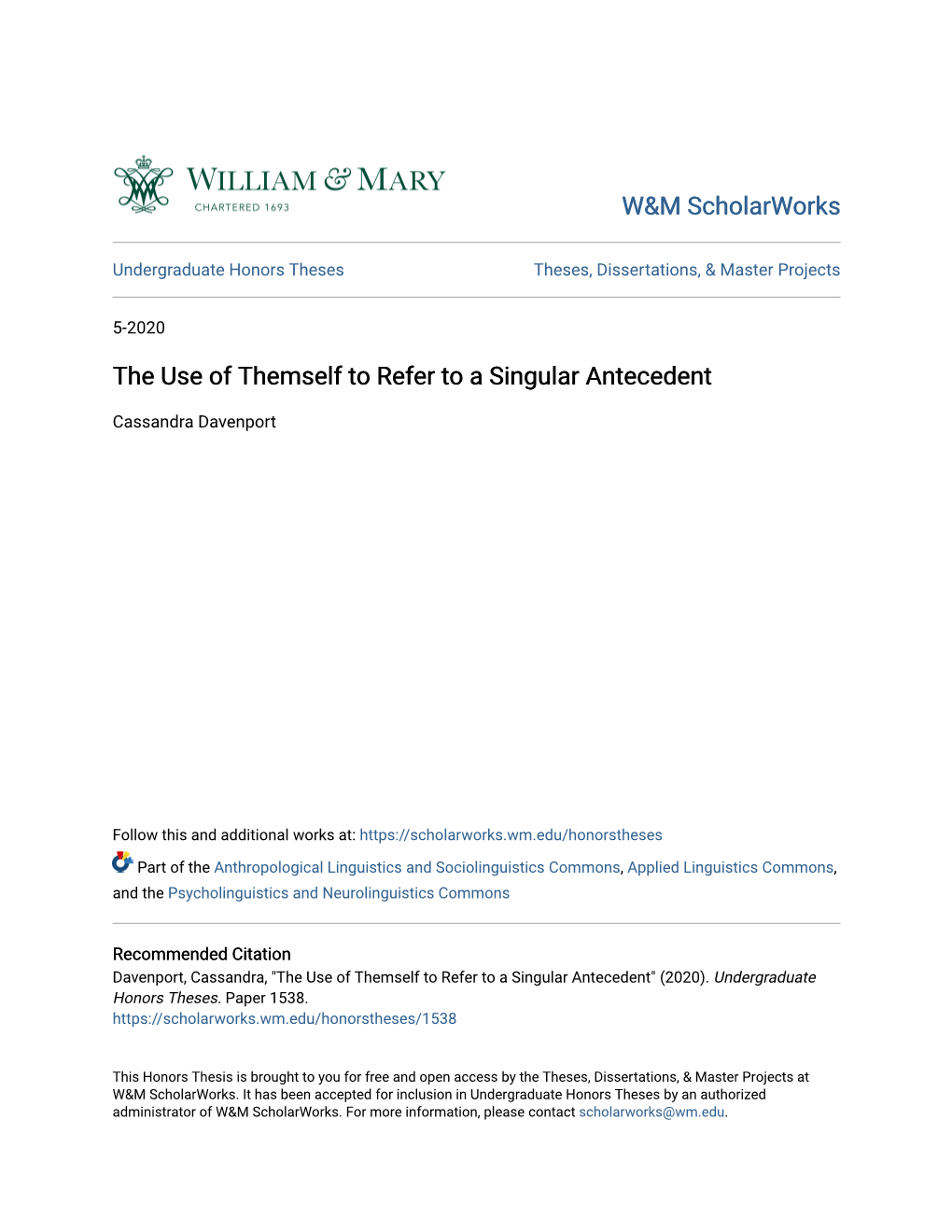 The Use of Themself to Refer to a Singular Antecedent