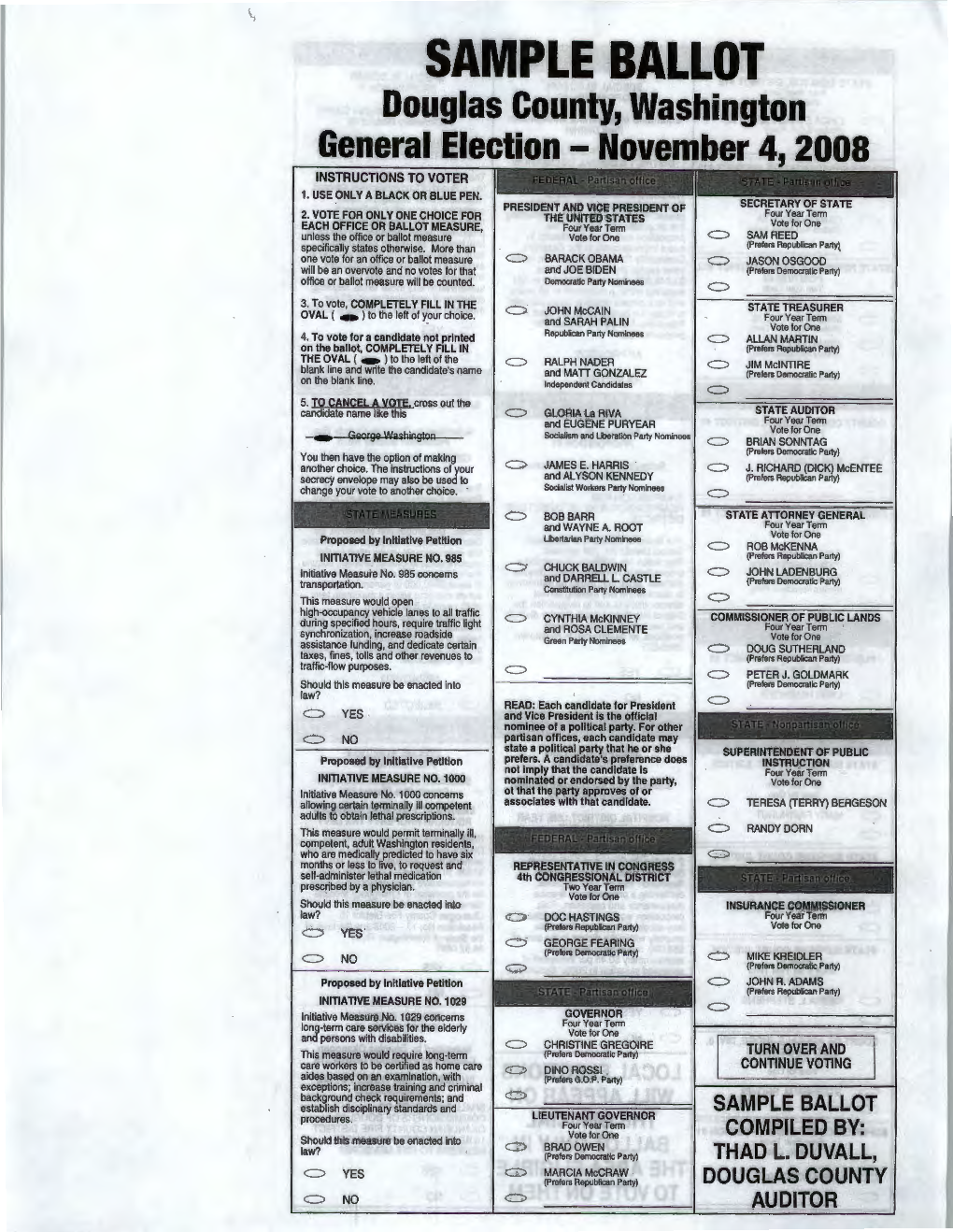 SAMPLE BALLOT Douglas County, Washington General Election - November 4, 2008 INSTRUCTIONS to VOTER 1