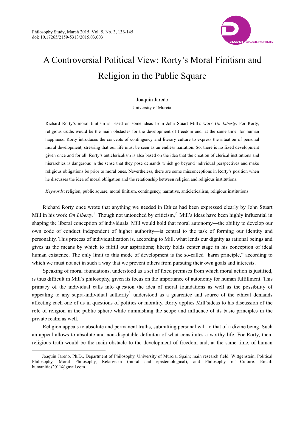 Rorty's Moral Finitism and Religion in the Public Square