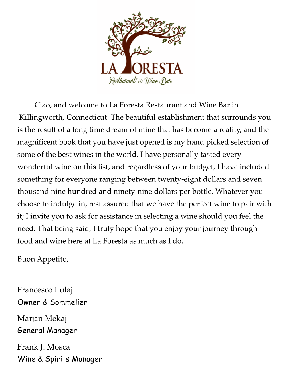 La Foresta Wine List Master Working