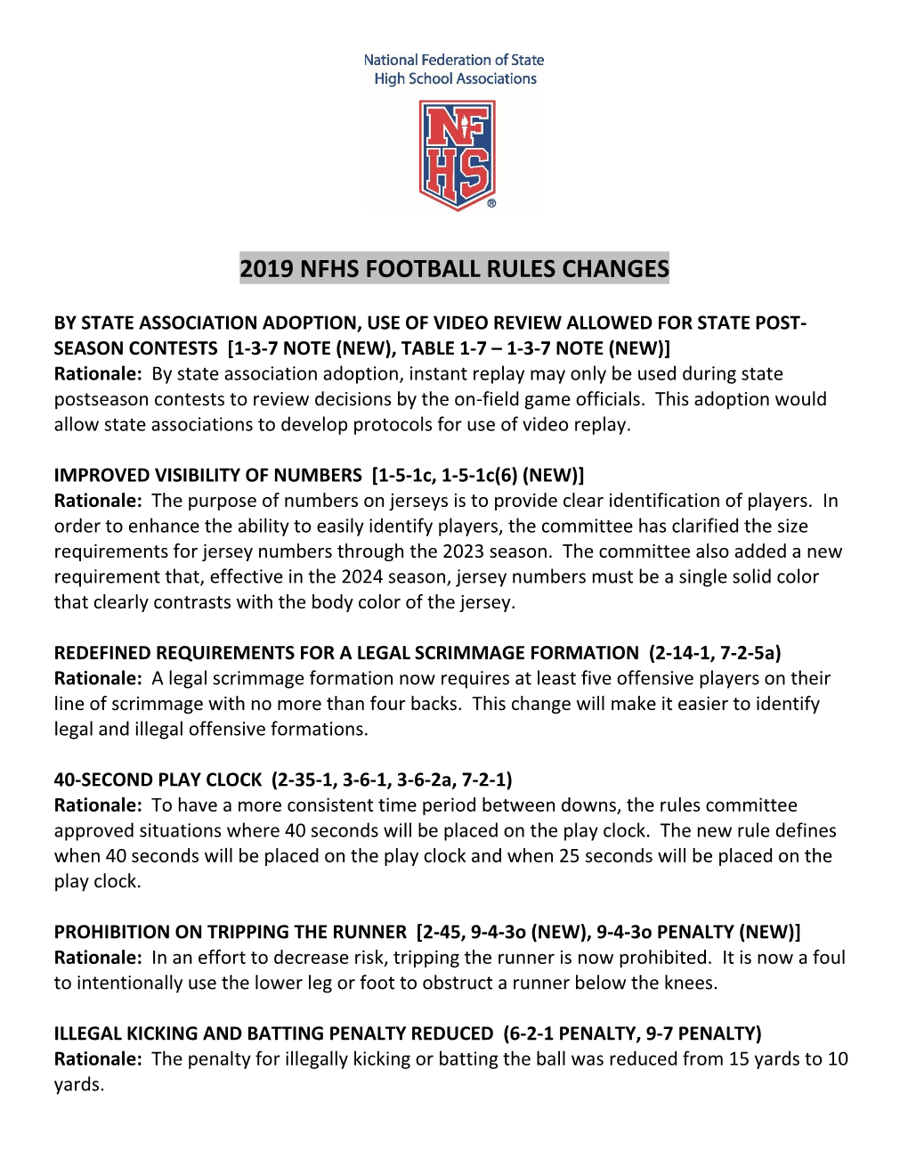 2019 Nfhs Football Rules Changes