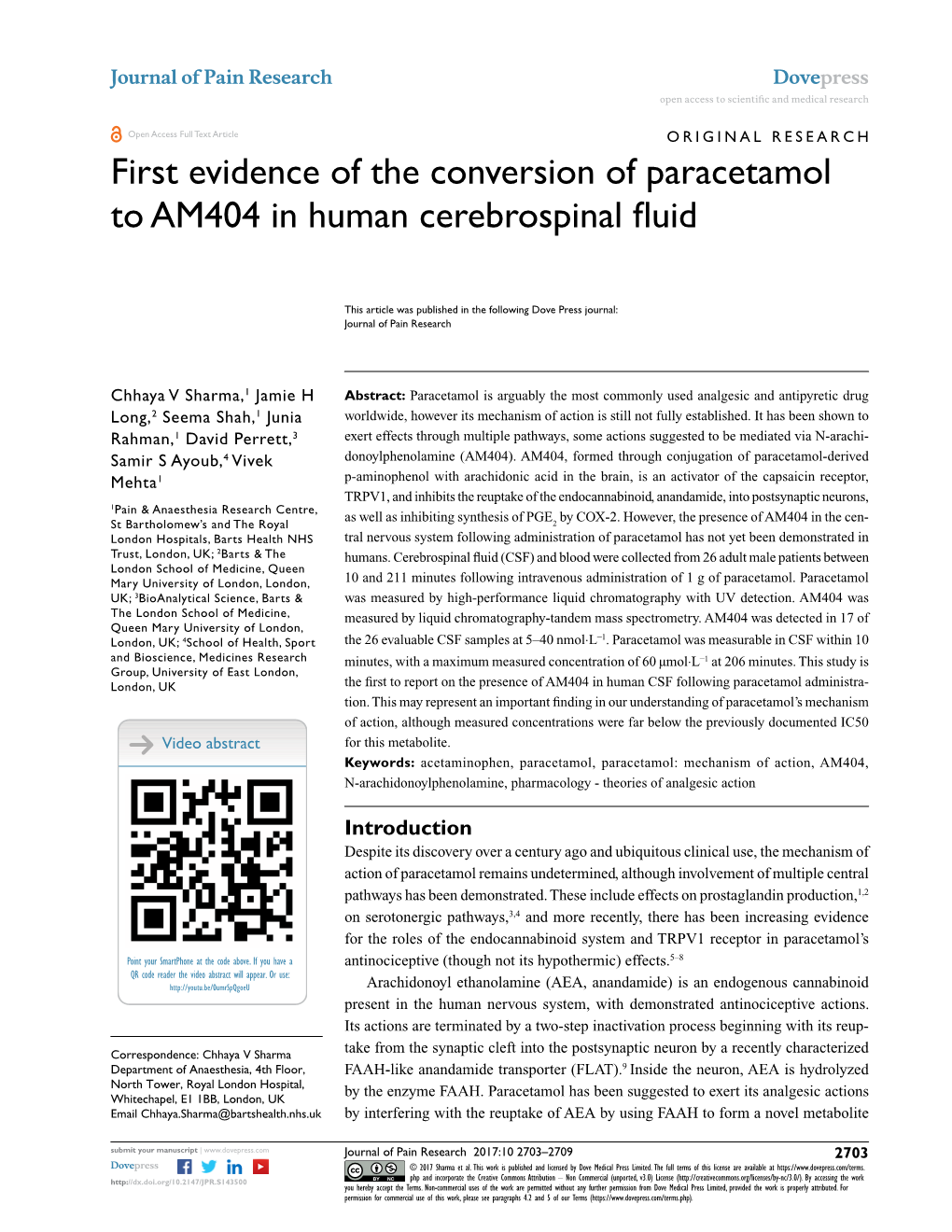 First Evidence of the Conversion of Paracetamol to AM404 in Human Cerebrospinal Fluid