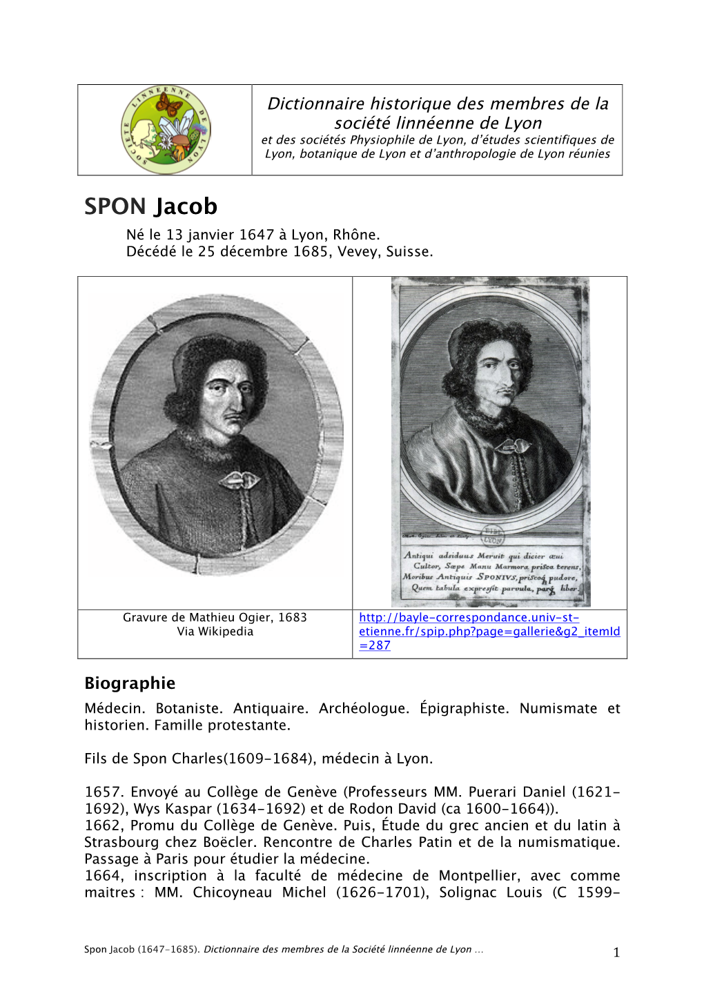 SPON Jacob Né Le 13 Janvier 1647 À Lyon, Rhône