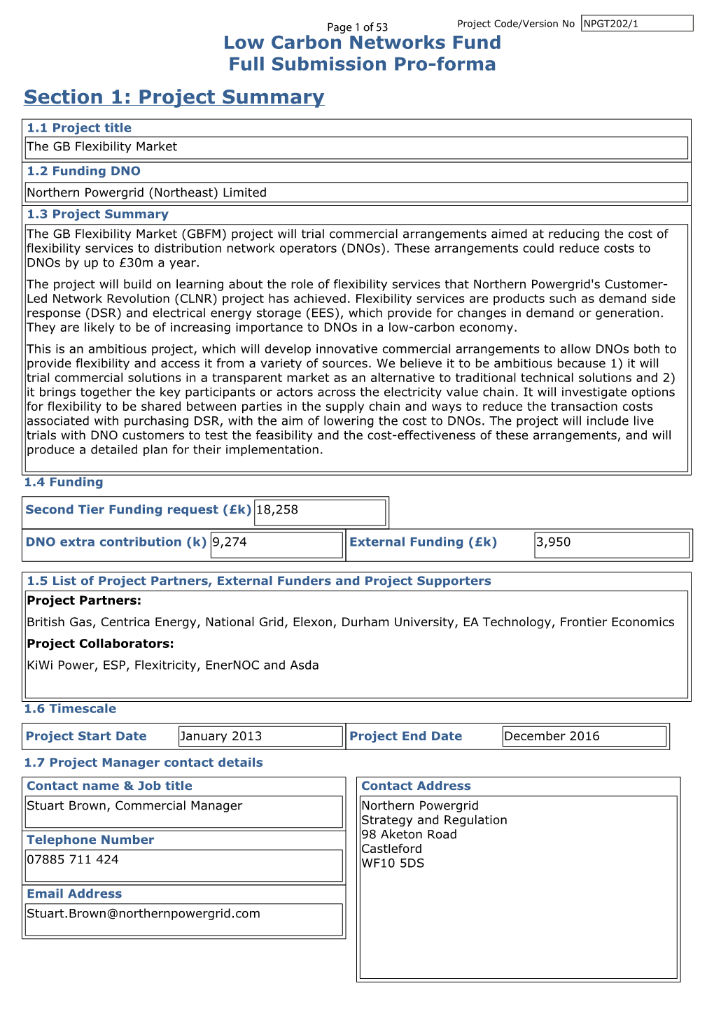 Original Low Carbon Networks Fund Submission from Northern Powergrid