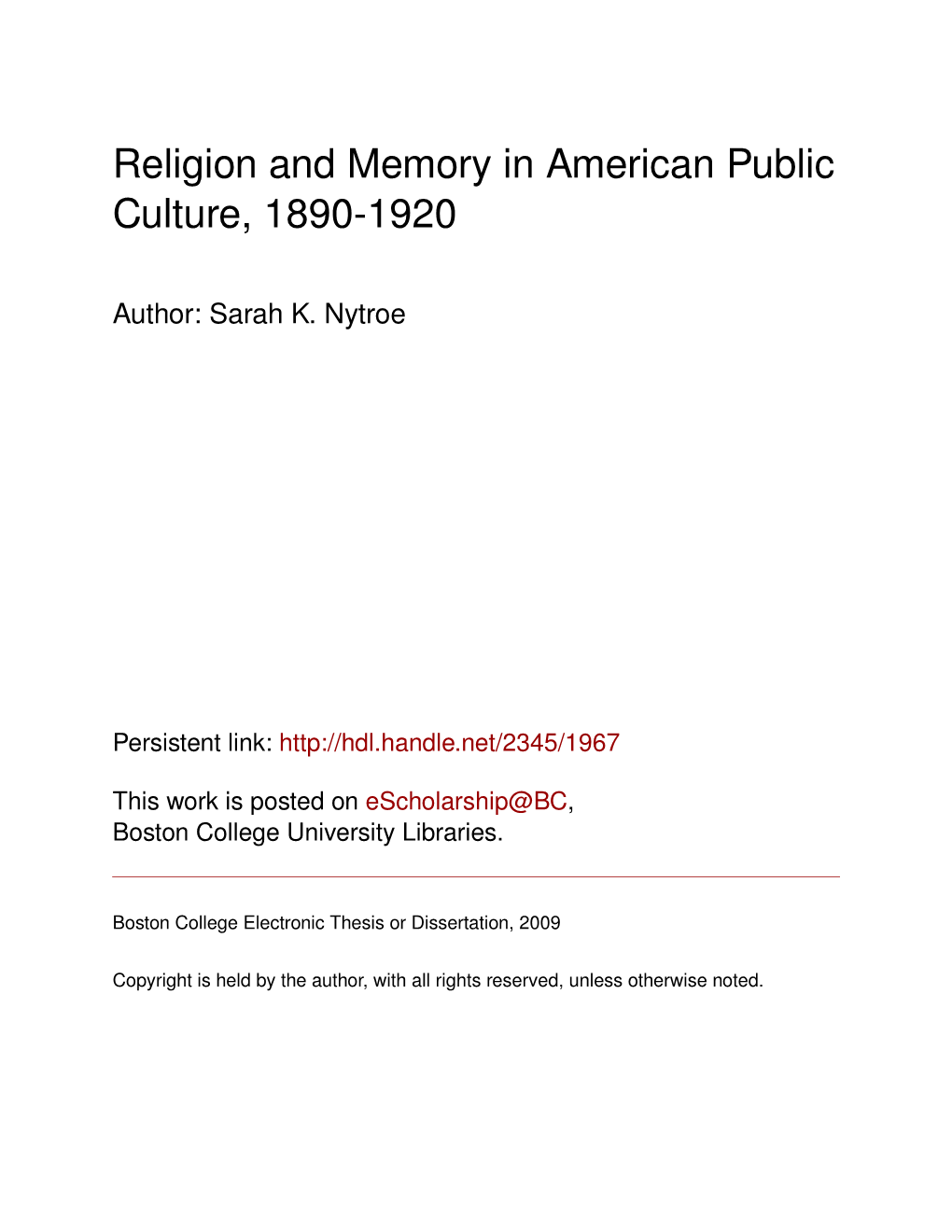 Religion and Memory in American Public Culture, 1890-1920