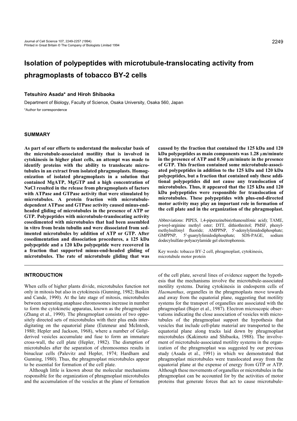 Isolation of Polypeptides with Microtubule-Translocating Activity from Phragmoplasts of Tobacco BY-2 Cells