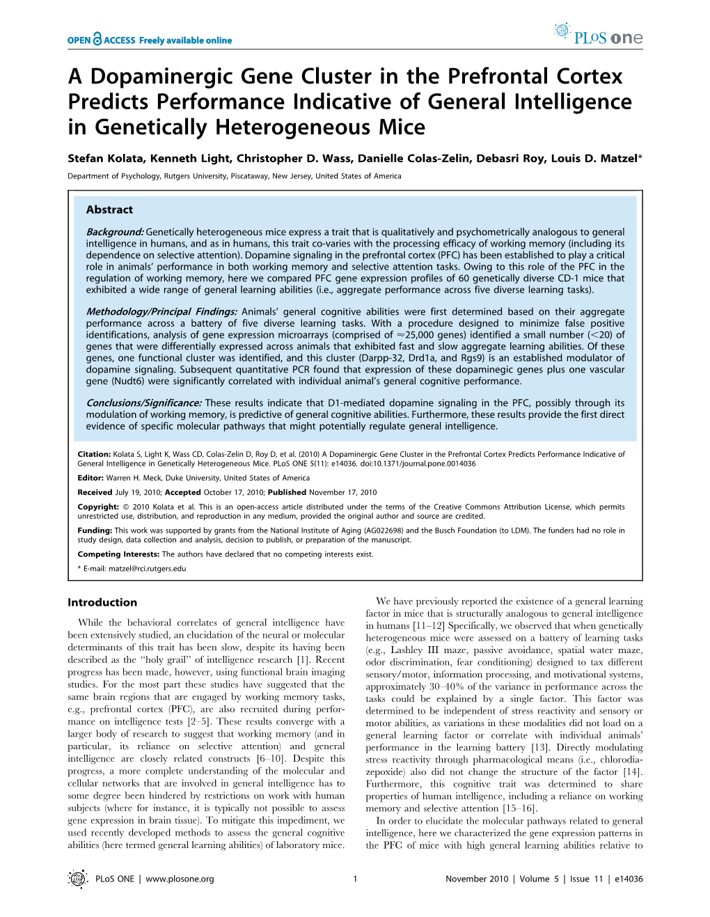 A Dopaminergic Gene Cluster in the Prefrontal Cortex Predicts Performance Indicative of General Intelligence in Genetically Heterogeneous Mice