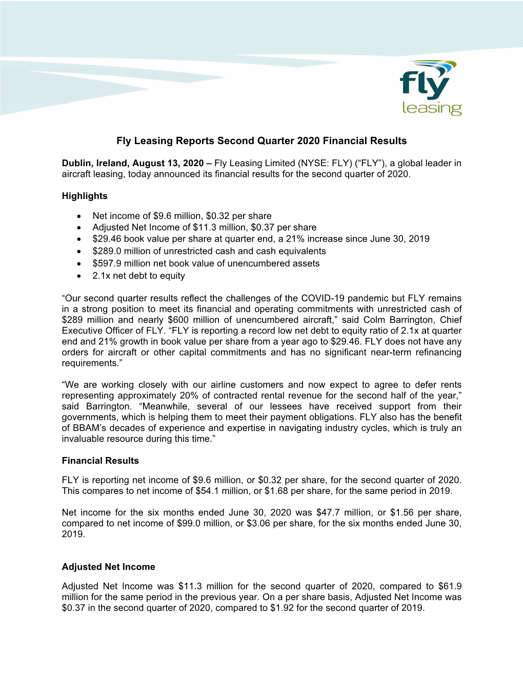 Fly Leasing Reports Second Quarter 2020 Financial Results