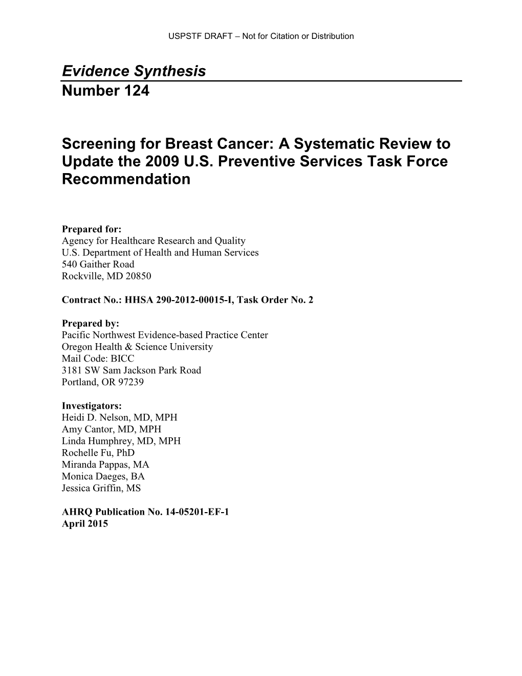 Screening for Breast Cancer: a Systematic Review to Update the 2009 U.S