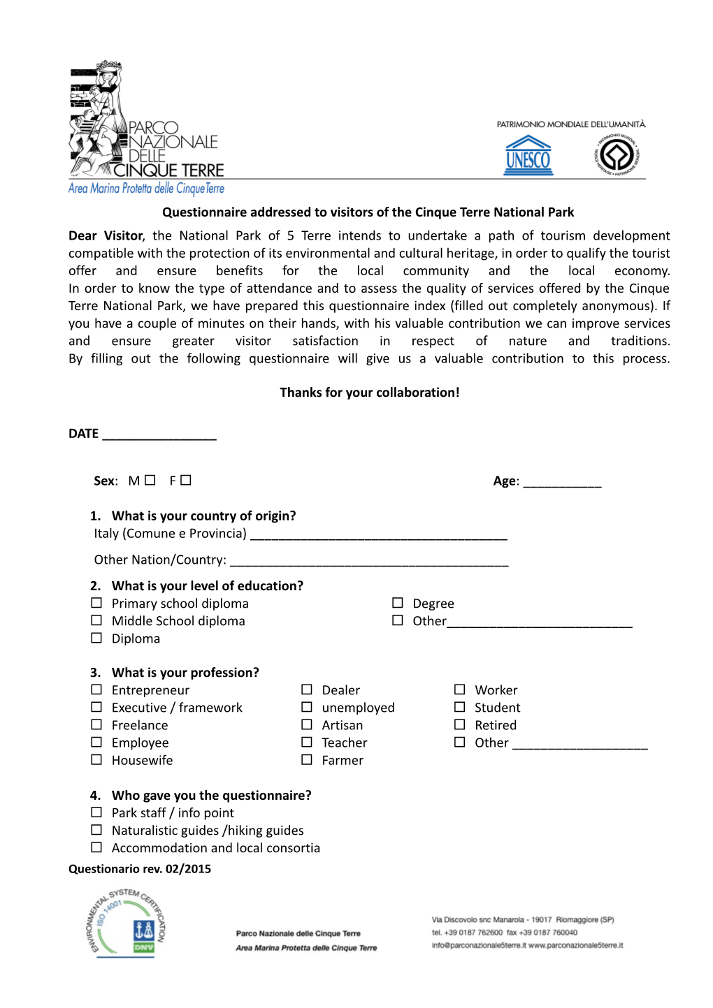 Questionnaire Addressed to Visitors of the Cinque Terre National Park