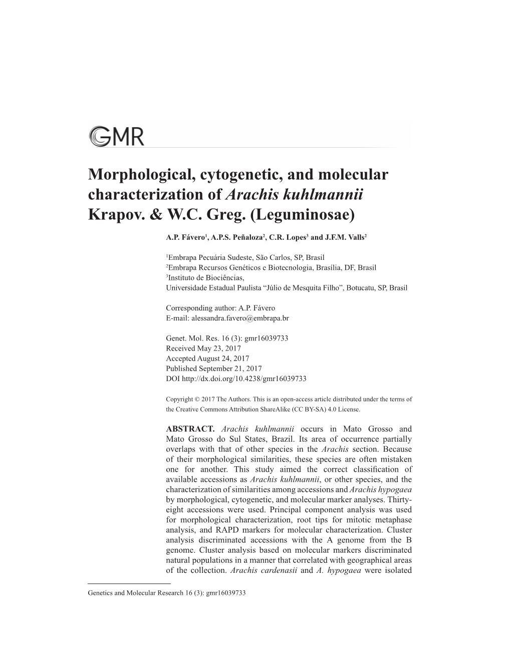 Morphological, Cytogenetic, and Molecular Characterization of Arachis Kuhlmannii Krapov