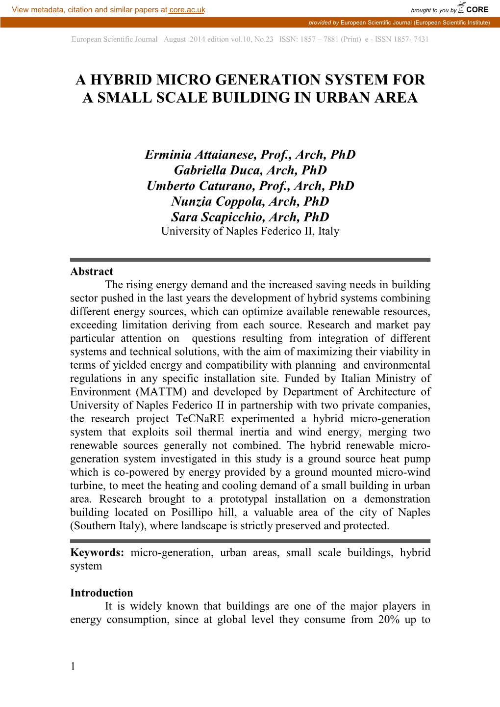 A Hybrid Micro Generation System for a Small Scale Building in Urban Area