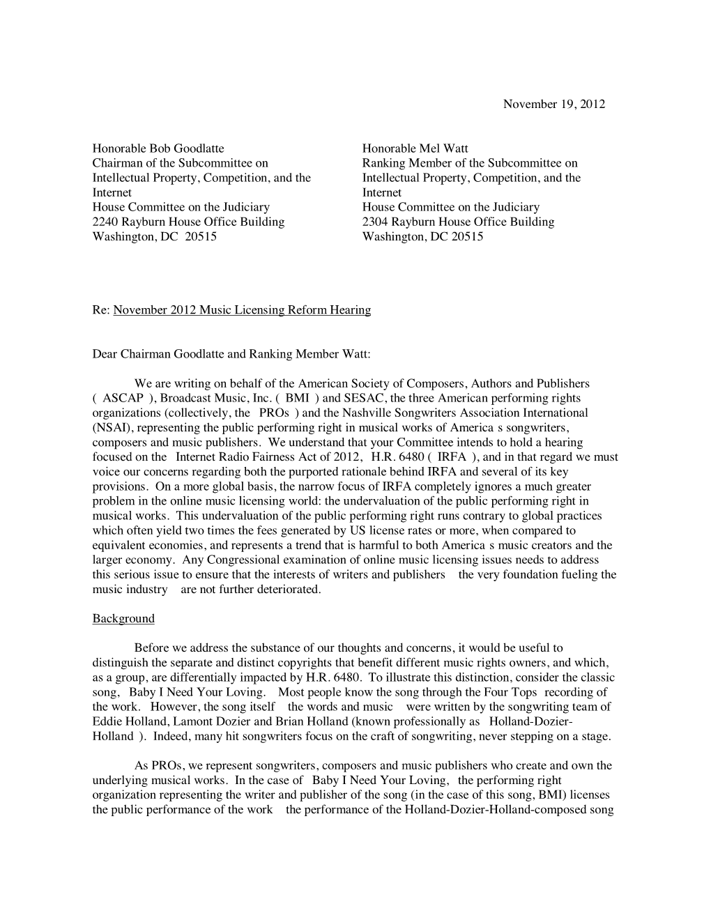 ASCAP, BMI, SESAC and the NSAI File Joint Letter to Congress On