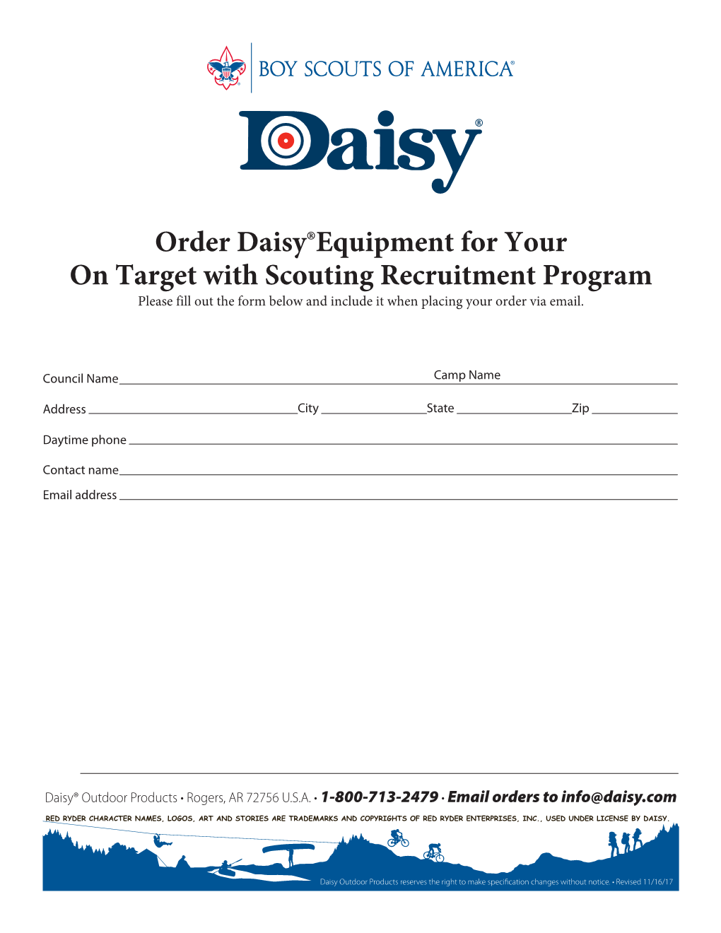 Order Daisy®Equipment for Your on Target with Scouting Recruitment Program Please Fill out the Form Below and Include It When Placing Your Order Via Email