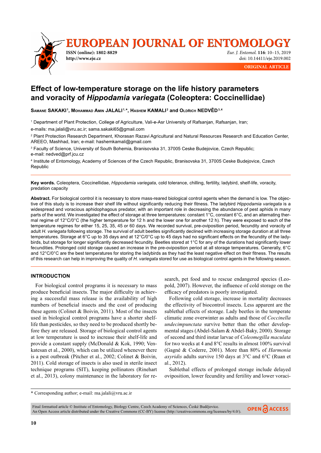 Effect of Low-Temperature Storage on the Life History Parameters and Voracity of Hippodamia Variegata (Coleoptera: Coccinellidae)