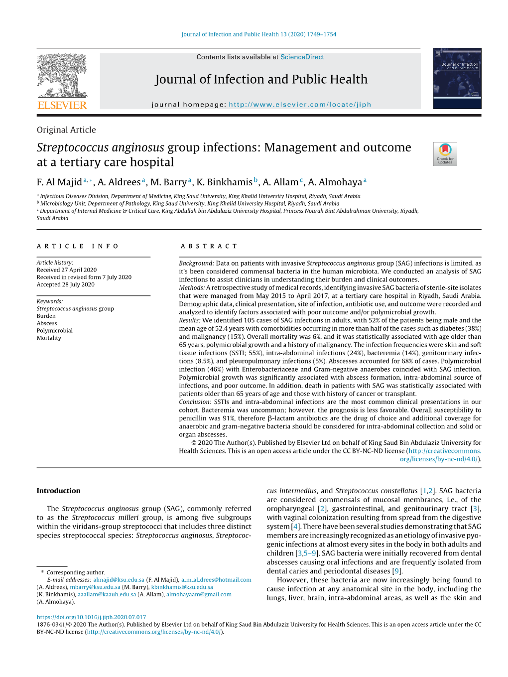 Streptococcus Anginosus Group Infections: Management and Outcome