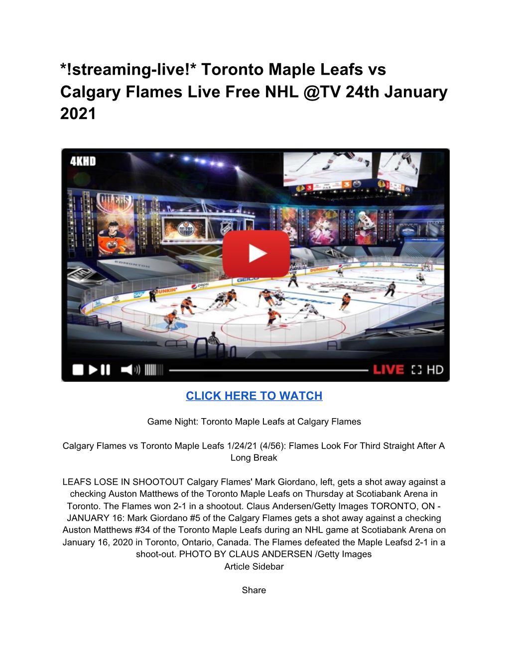 Toronto Maple Leafs Vs Calgary Flames Live Free NHL @TV 24Th January 2021