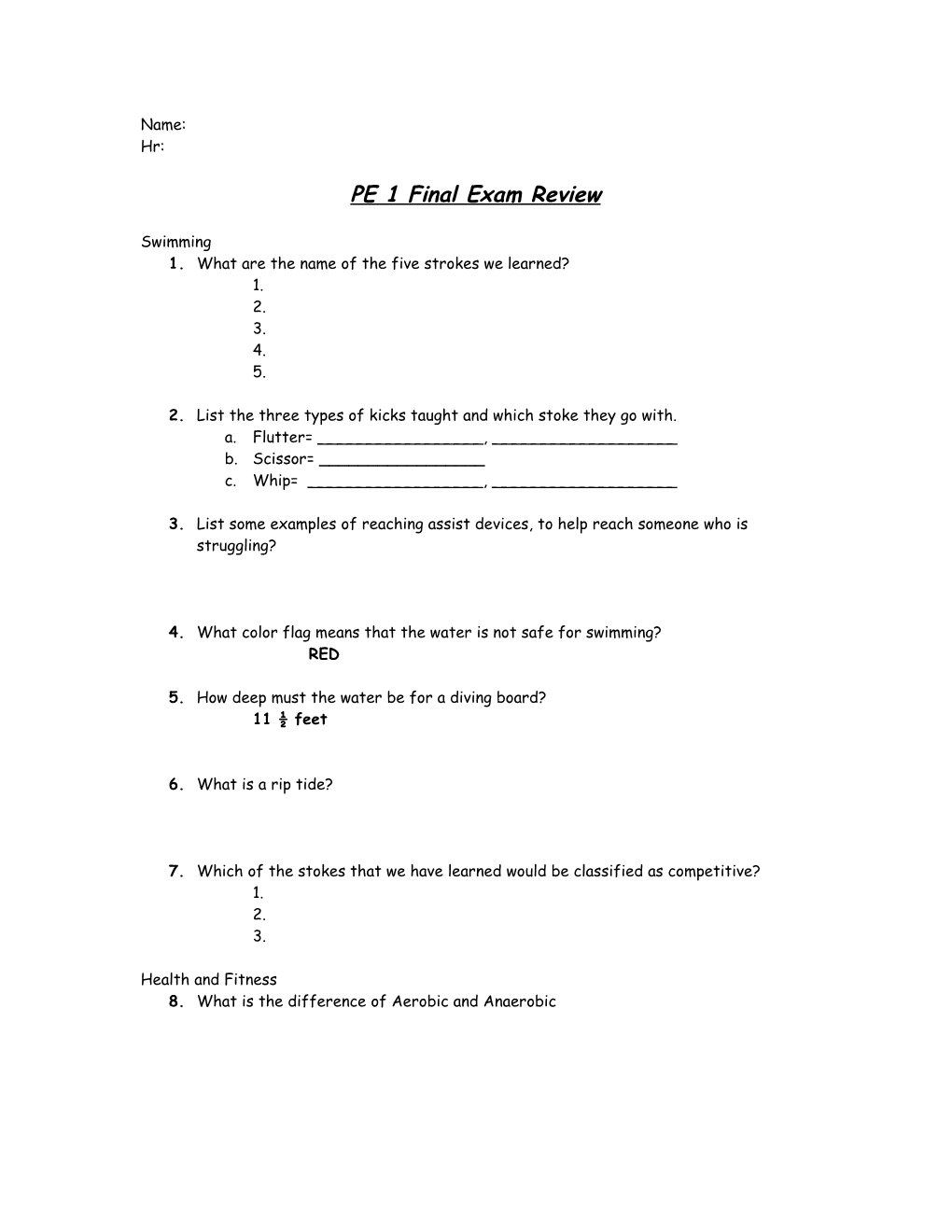 PE 1 Final Exam Review