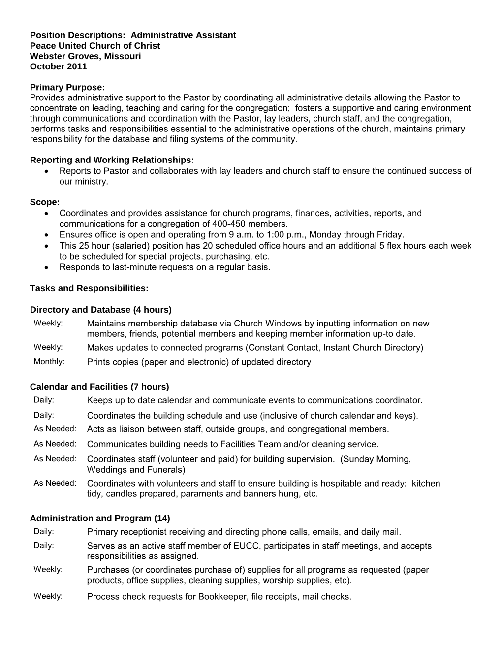 Pastoral Assistant Position Description