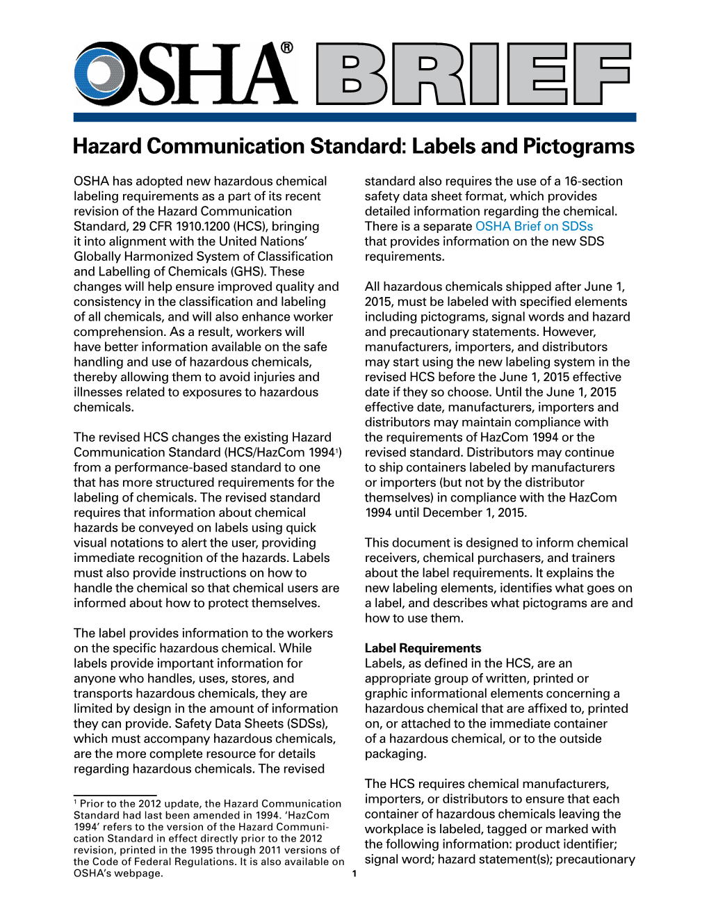 Hazard Communication Standard: Labels and Pictograms – Brief