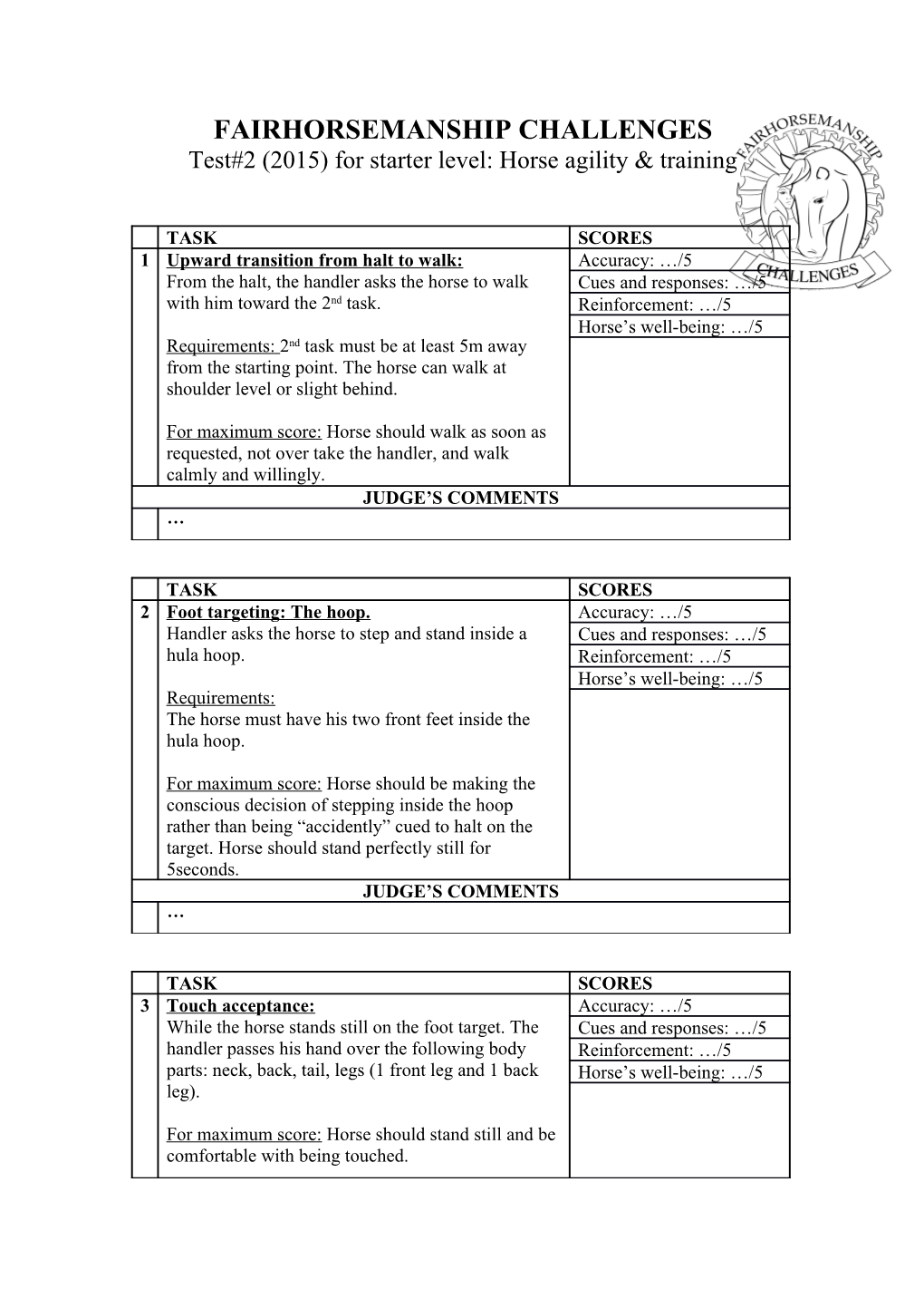 FAIRHORSEMANSHIP CHALLENGES Test#2 (2015) for Starter Level: Horse Agility & Training