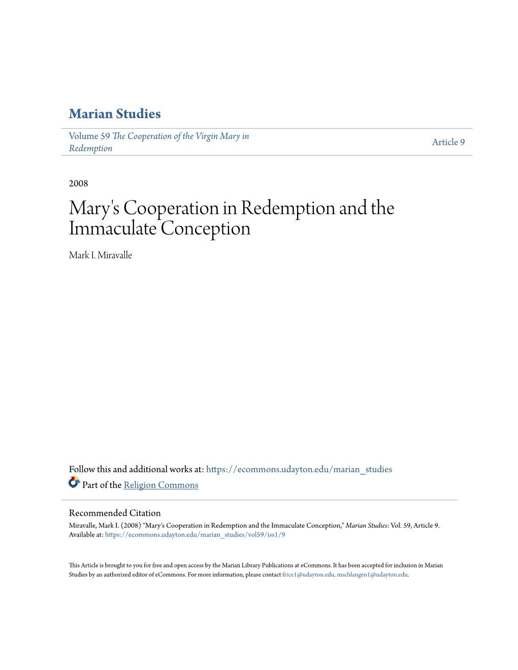 Mary's Cooperation in Redemption and the Immaculate Conception Mark I