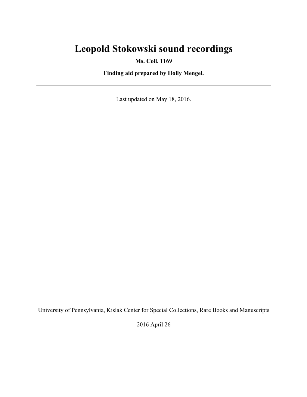 Leopold Stokowski Sound Recordings Ms