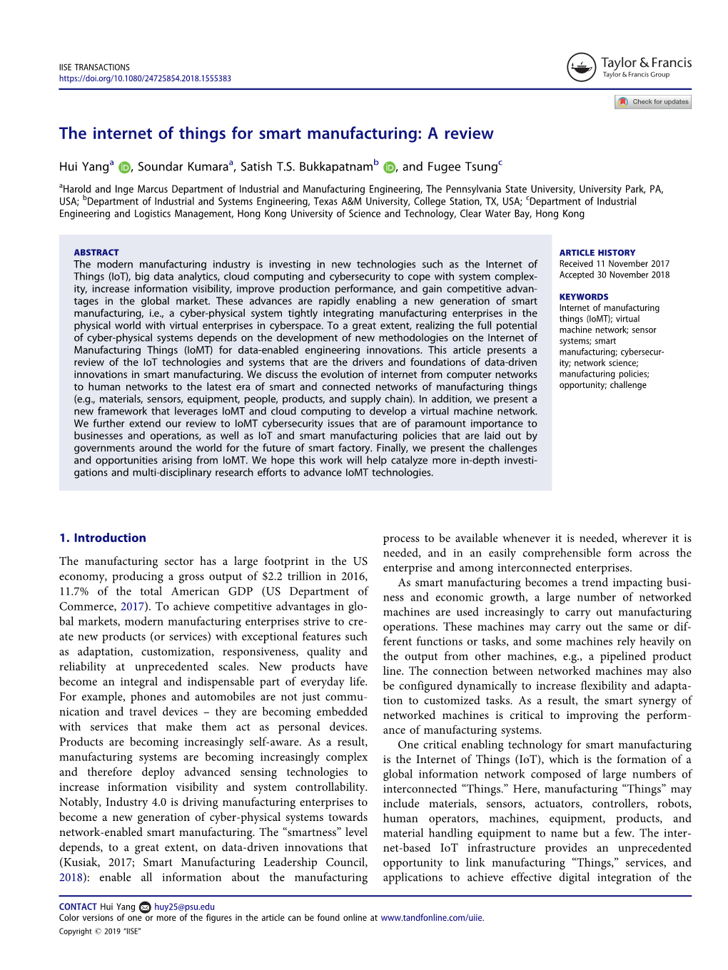 The Internet of Things for Smart Manufacturing: a Review