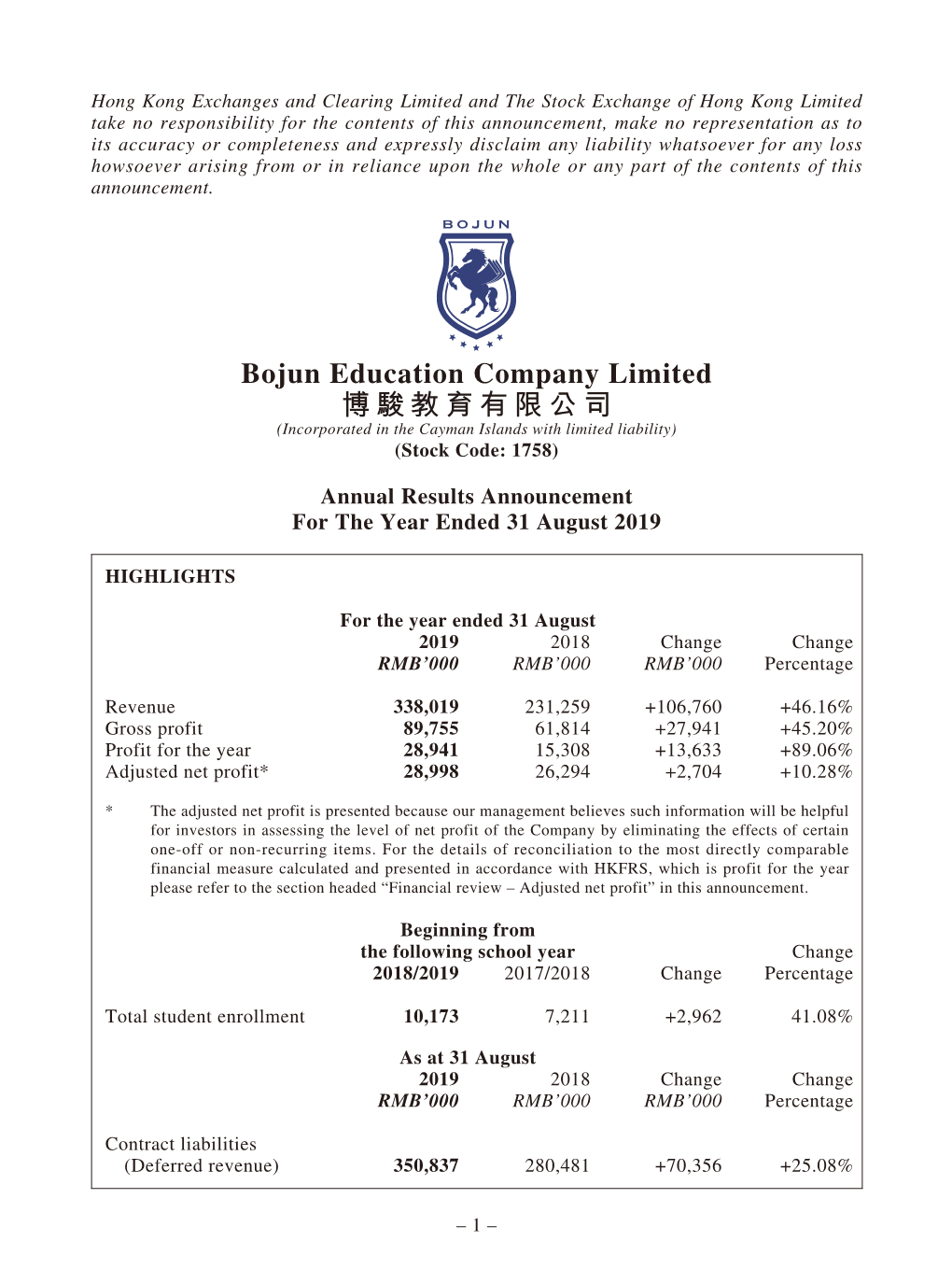 Bojun Education Company Limited 博駿教育有限公司 (Incorporated in the Cayman Islands with Limited Liability) (Stock Code: 1758)