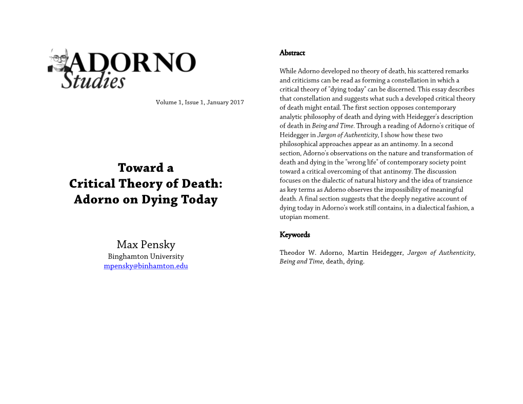 Toward a Critical Theory of Death: Adorno on Dying Today