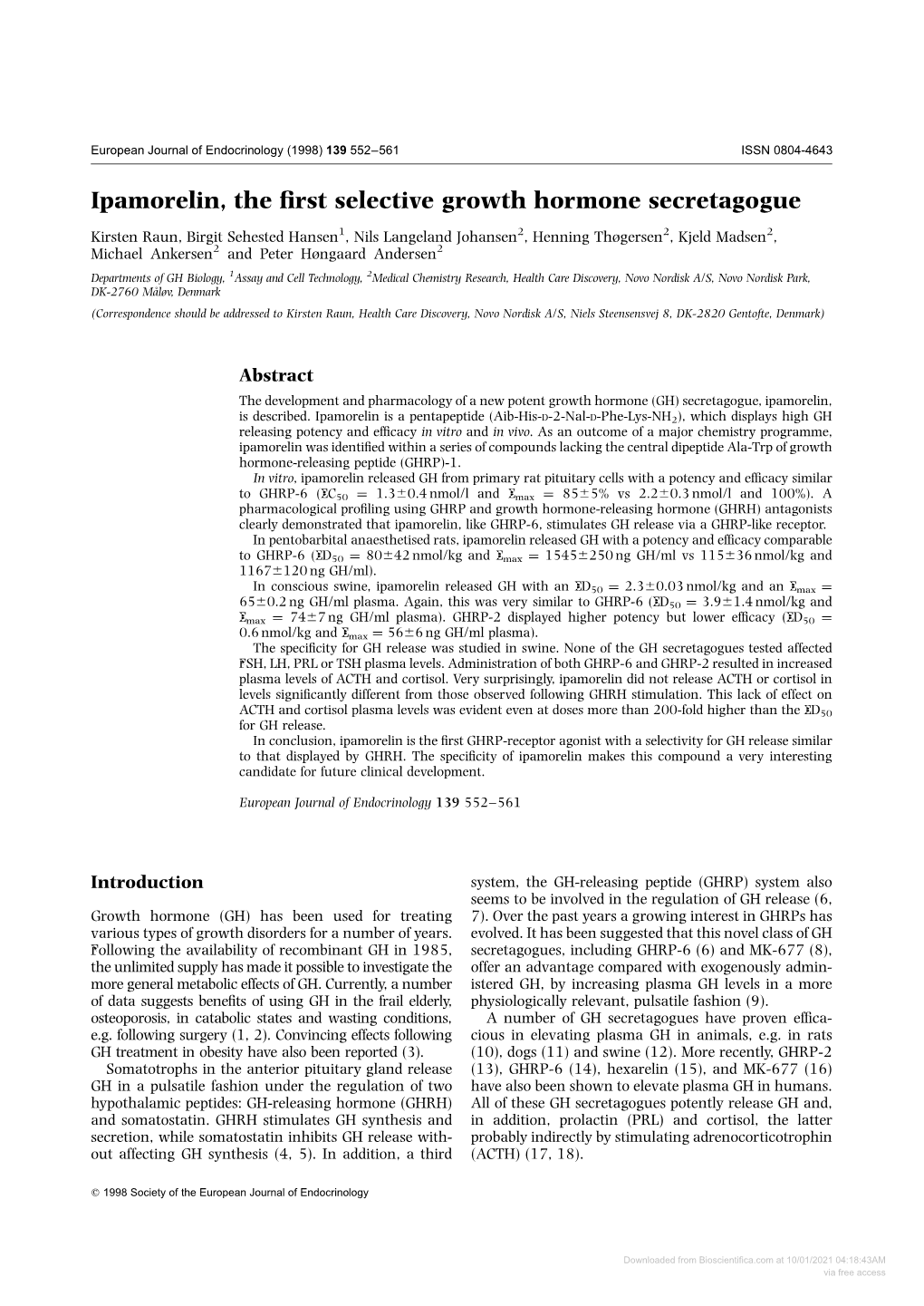 Ipamorelin, the First Selective Growth Hormone Secretagogue