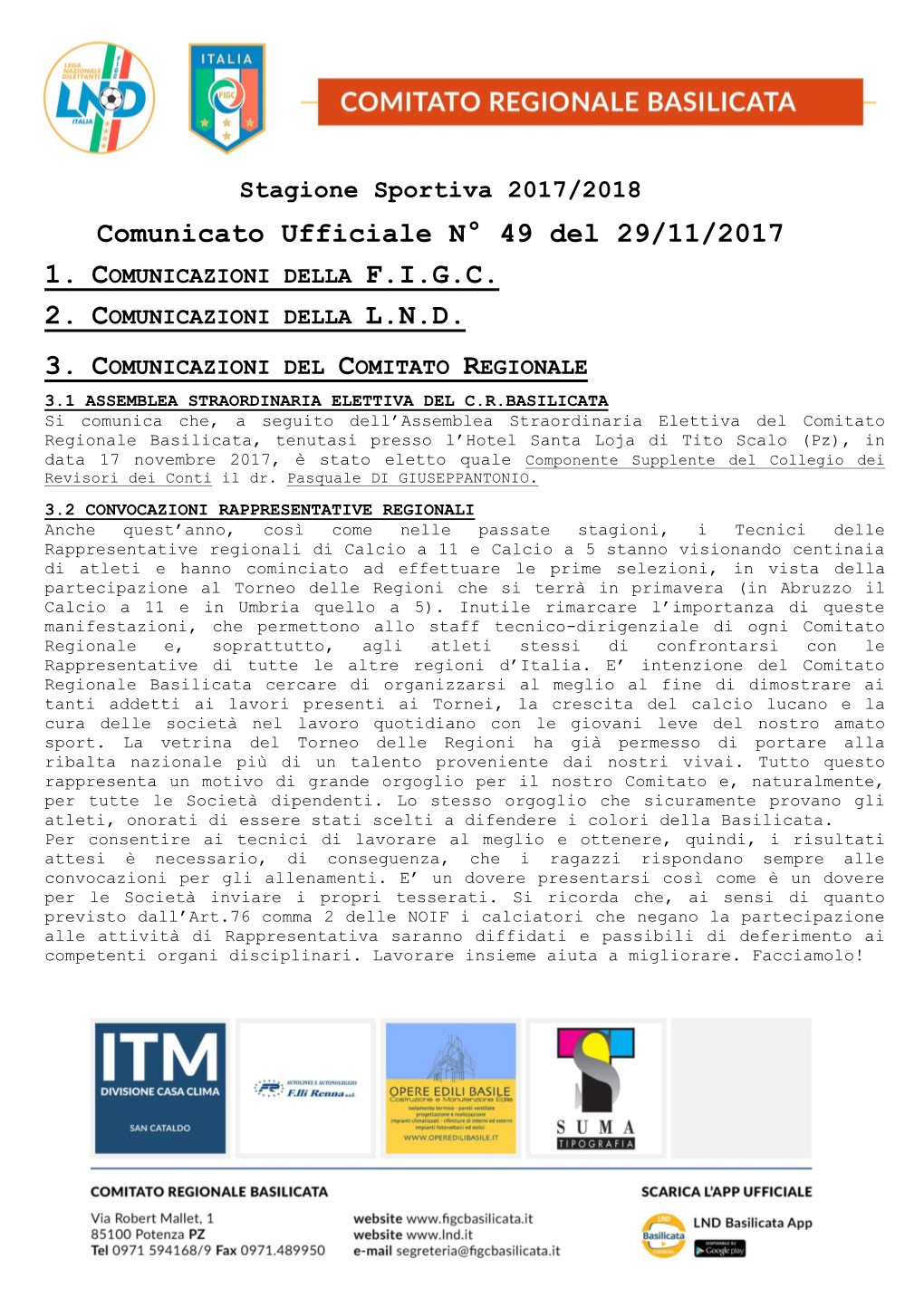 Comunicato Ufficiale N° 49 Del 29/11/2017 1