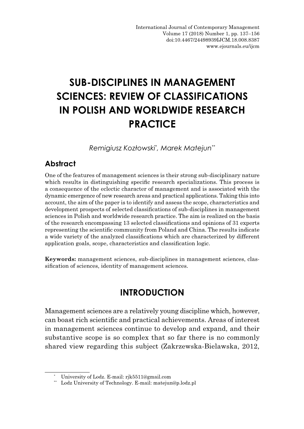 Sub-Disciplines in Management Sciences: Review of Classifications in Polish and Worldwide Research Practice