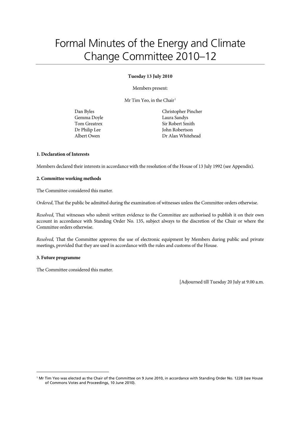 Formal Minutes of the Energy and Climate Change Committee 2010–12