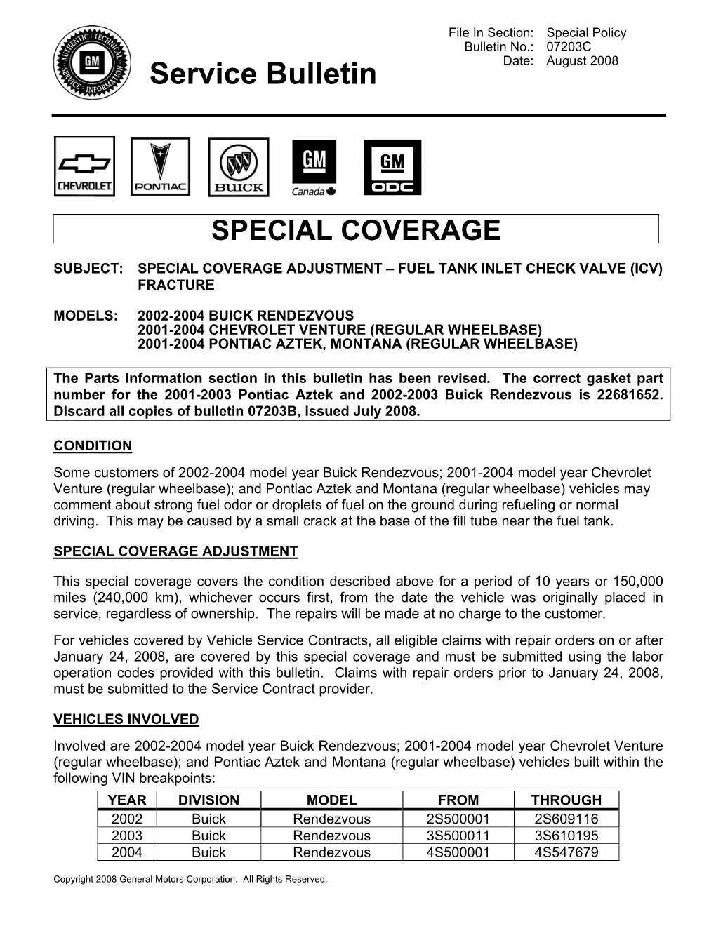 Service Bulletin Date: August 2008