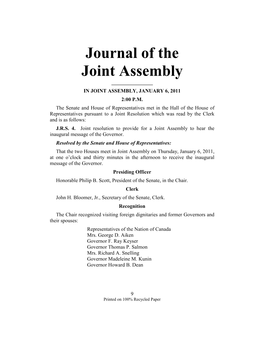 Journal of the Joint Assembly ______IN JOINT ASSEMBLY, JANUARY 6, 2011 2:00 P.M