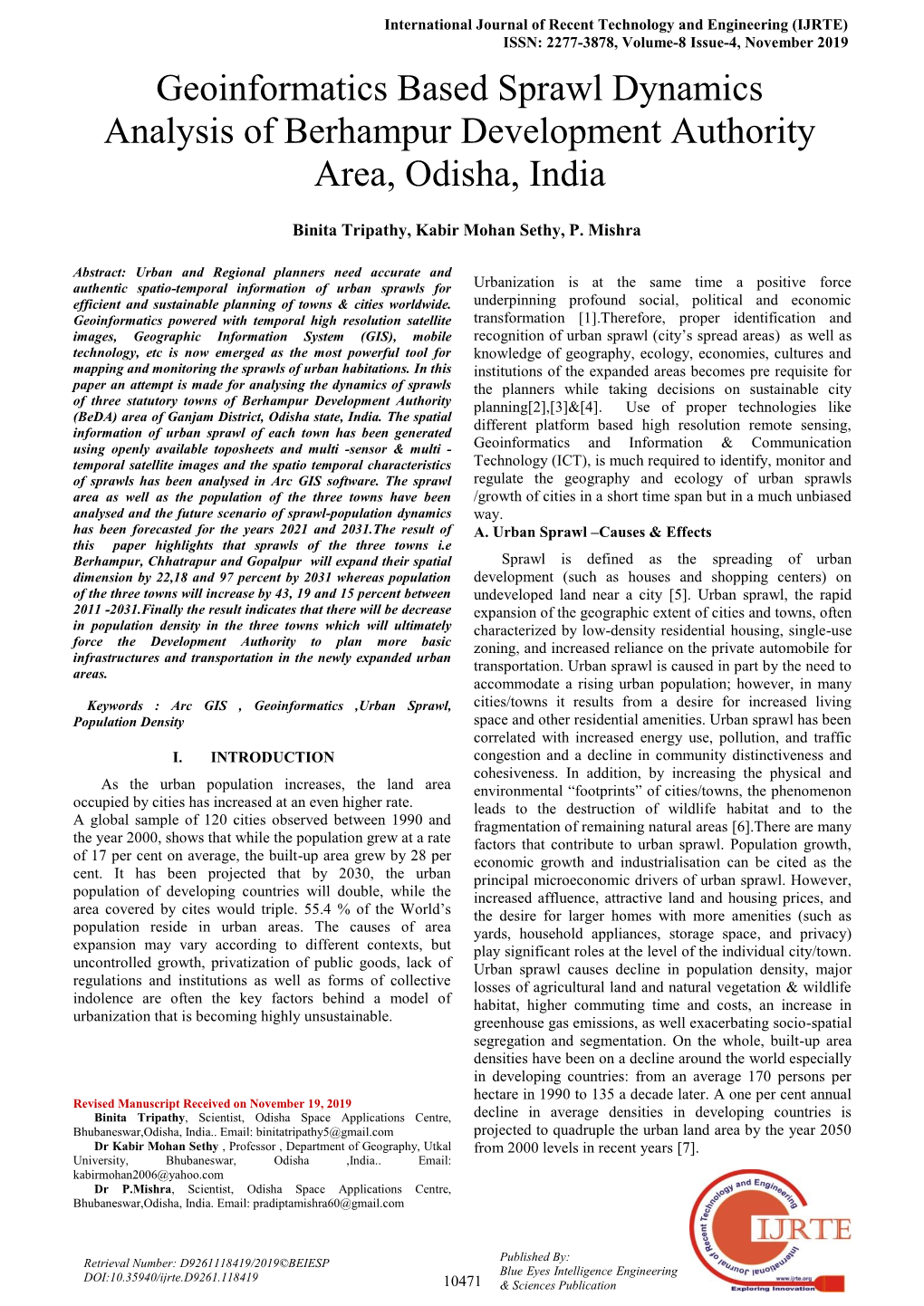 Geoinformatics Based Sprawl Dynamics Analysis of Berhampur Development Authority Area, Odisha, India